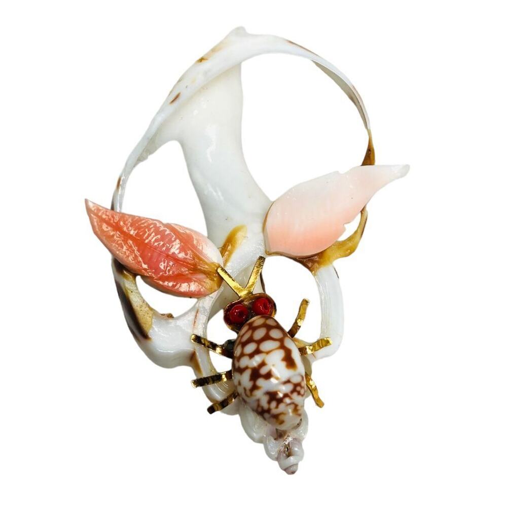 Vintage Payuu Multicolor Shell Brooch Pin Carved Spider Insect Pink Leaves